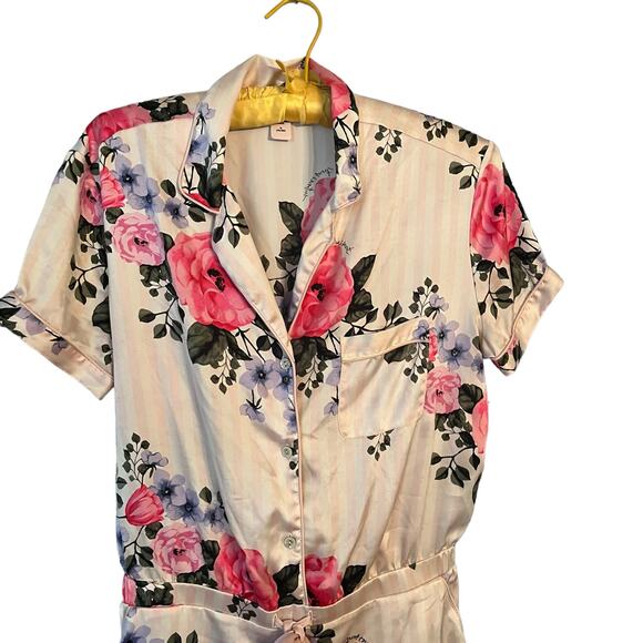 Victoria's Secret Satin Feel Pink Playsuit-romper Floral Striped M Roses Ribbon - Picture 2 of 10
